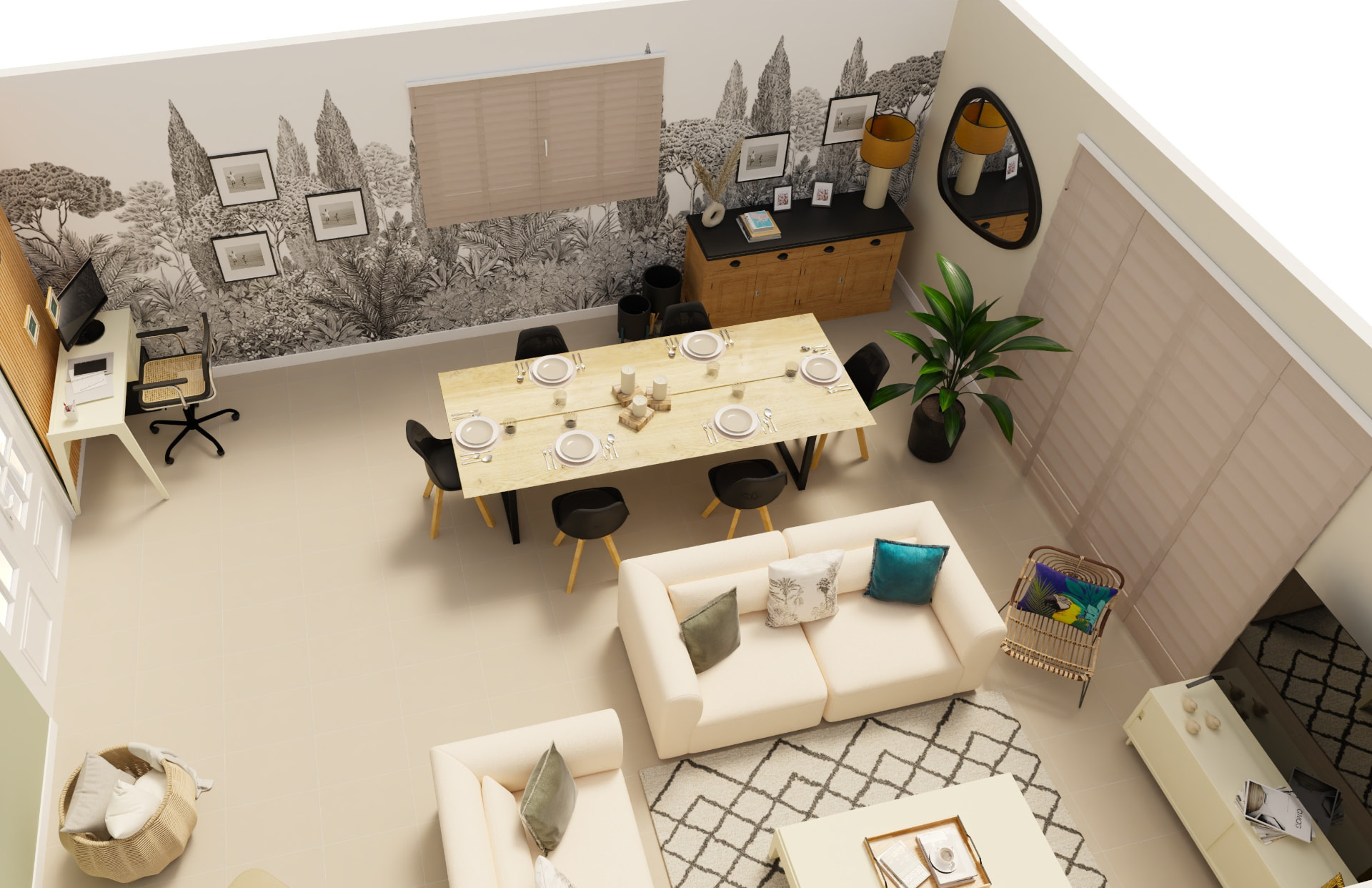 Vue 3D d'un salon en perspective aérienne