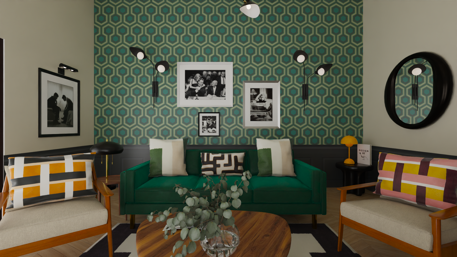 Vue 3D d'un salon d'inspiration vintage